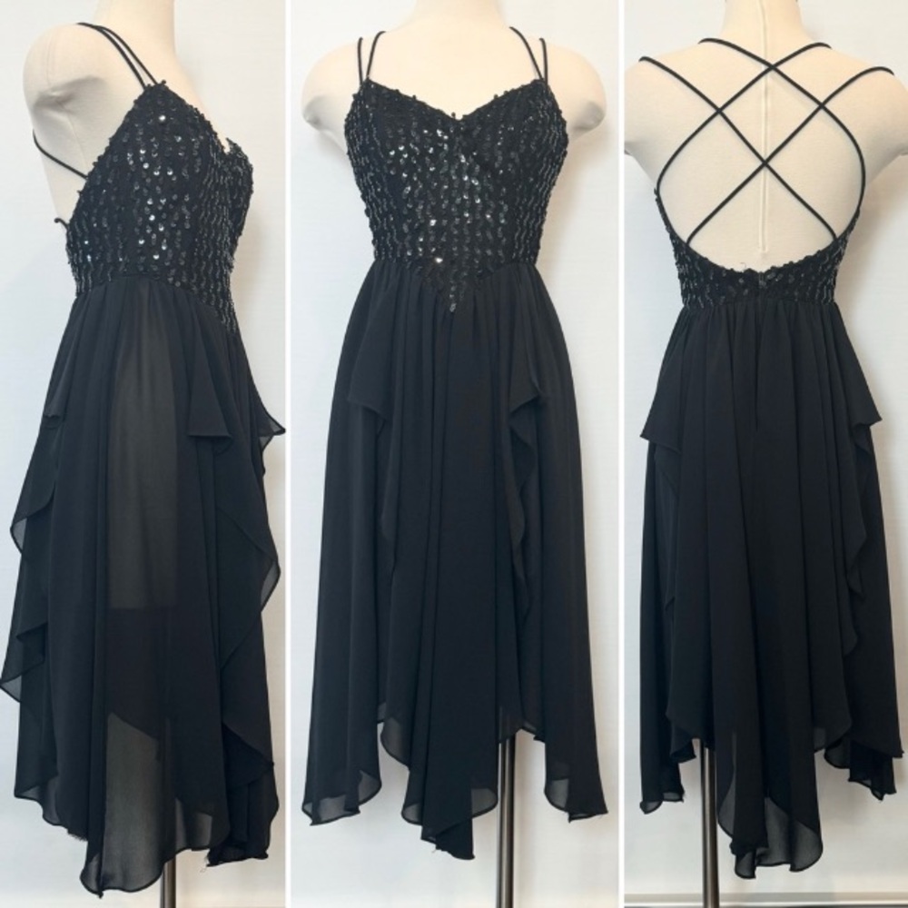 Vintage Black Sequin Midi Dress S